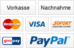 Vorkasse, Nachnahme, Visa, Mastercard, Sofortüberweisung, Giropay, Paypal